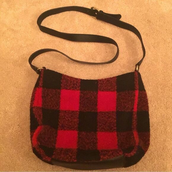Talbots Wool Blend Red/Black Buffalo Plaid Crossbody Leather Trim Bag - Picture 1 of 8